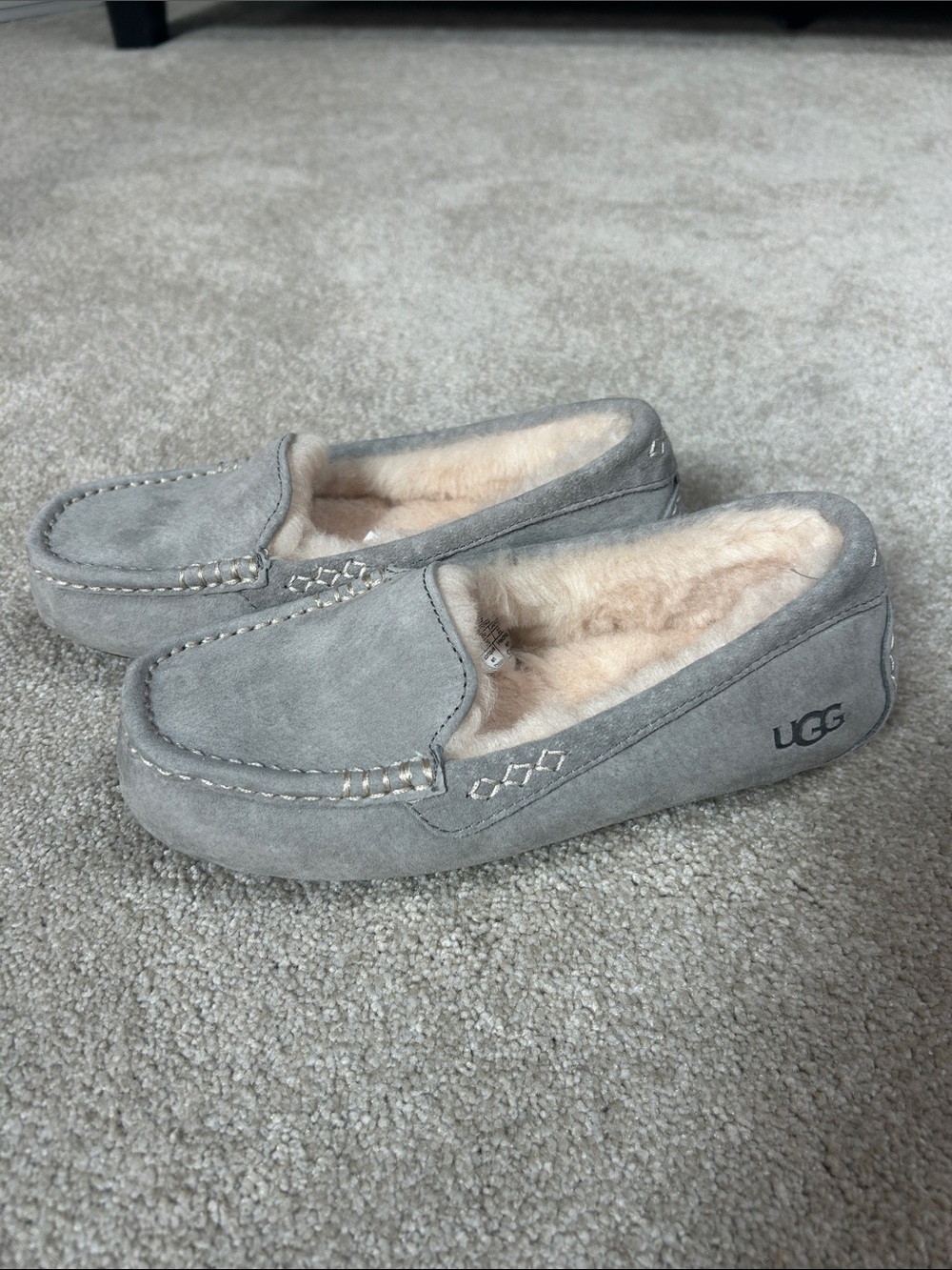 UGG Grey Suede Moccasin Slippers with Cream Shearling